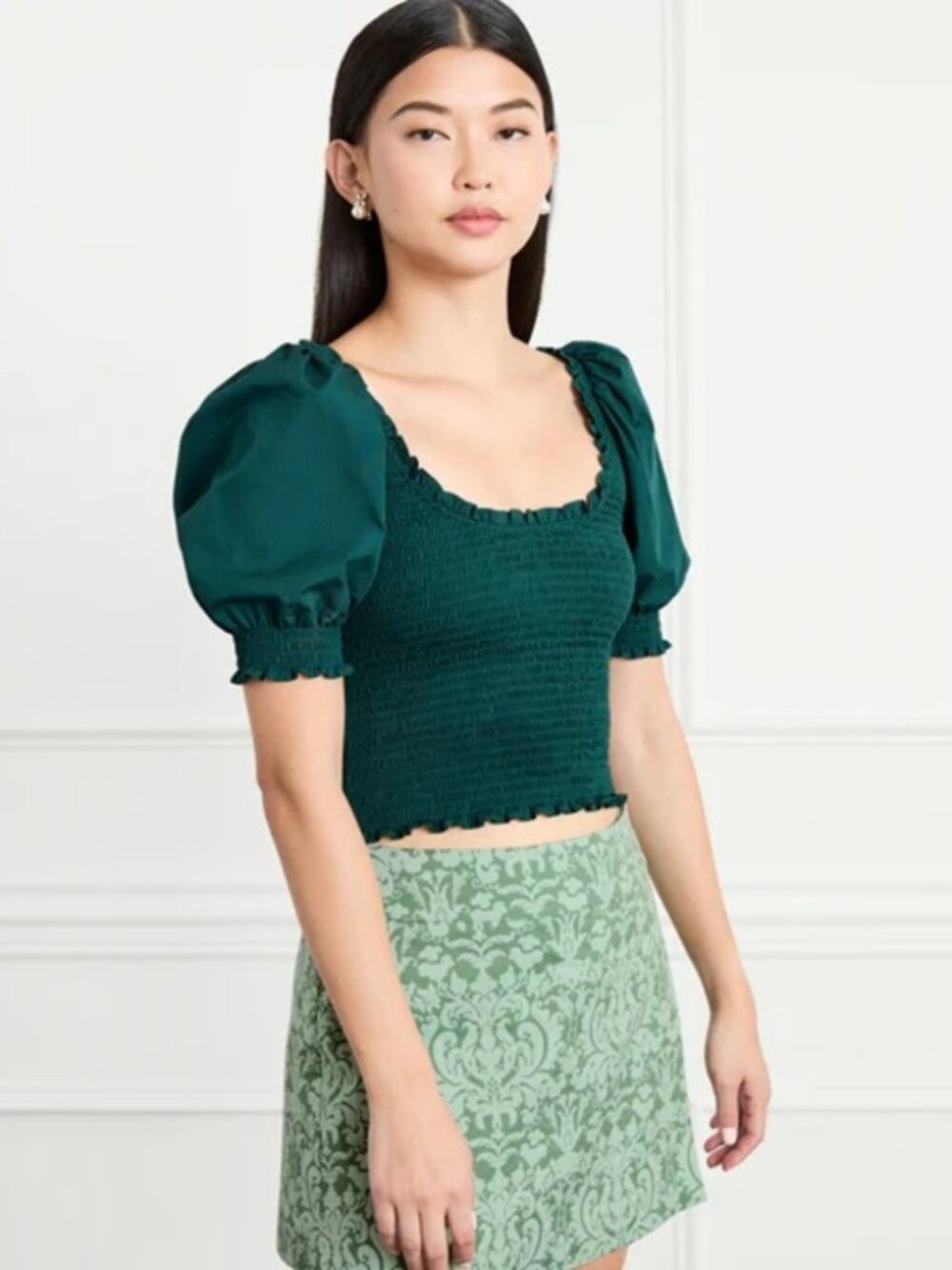 Hill House Home Aiko Nap Top Forest Green Smocked Puff Sleeve Crop Top